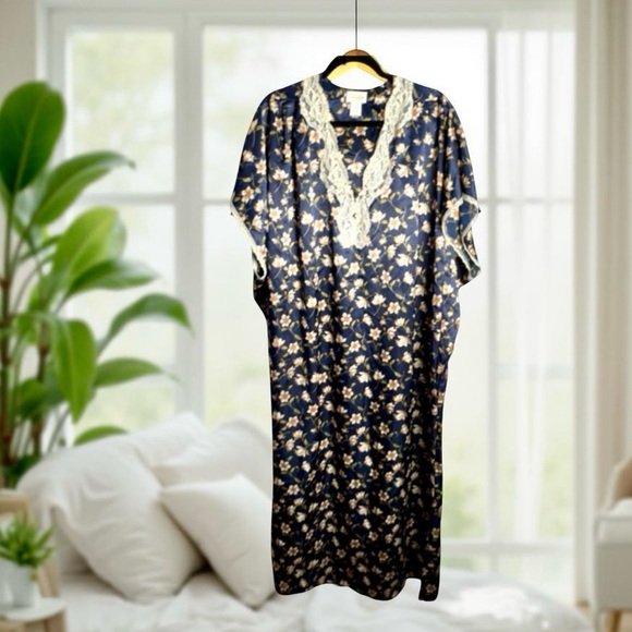 Vintage Barbizon Classic Satin Nightgown Floral Navy with Lace Trim Size L - Picture 1 of 5